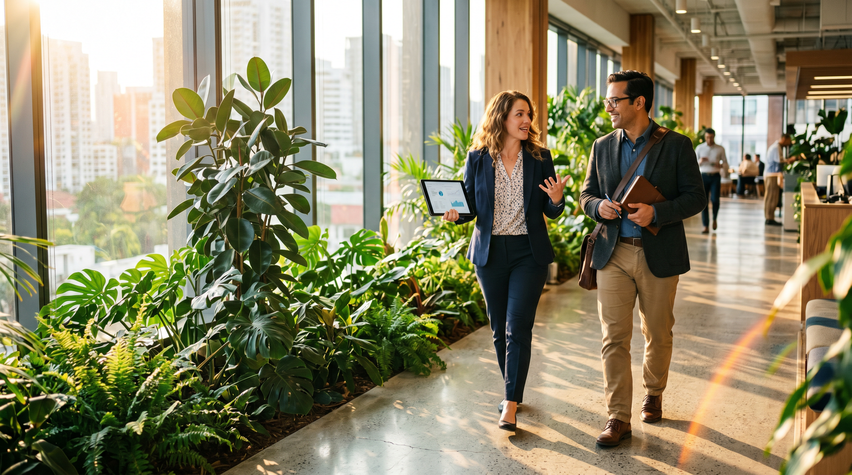 Two colleagues having a walking meeting in a plant-filled glass corridor